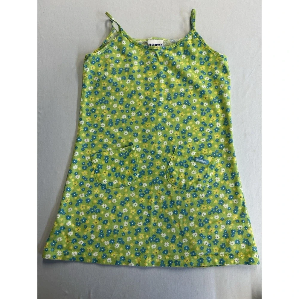Vintage Y2K OshKosh B'gosh Girls Floral Sundress Green Pocket Dress Size 5